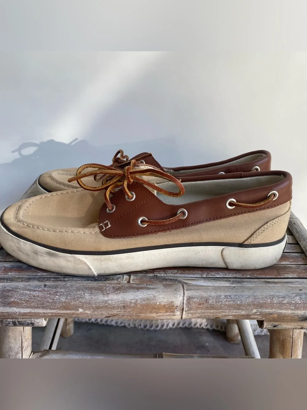 Mens POLO Ralph Lauren tan canvas leather Rylander boat shoes preppy casual 10